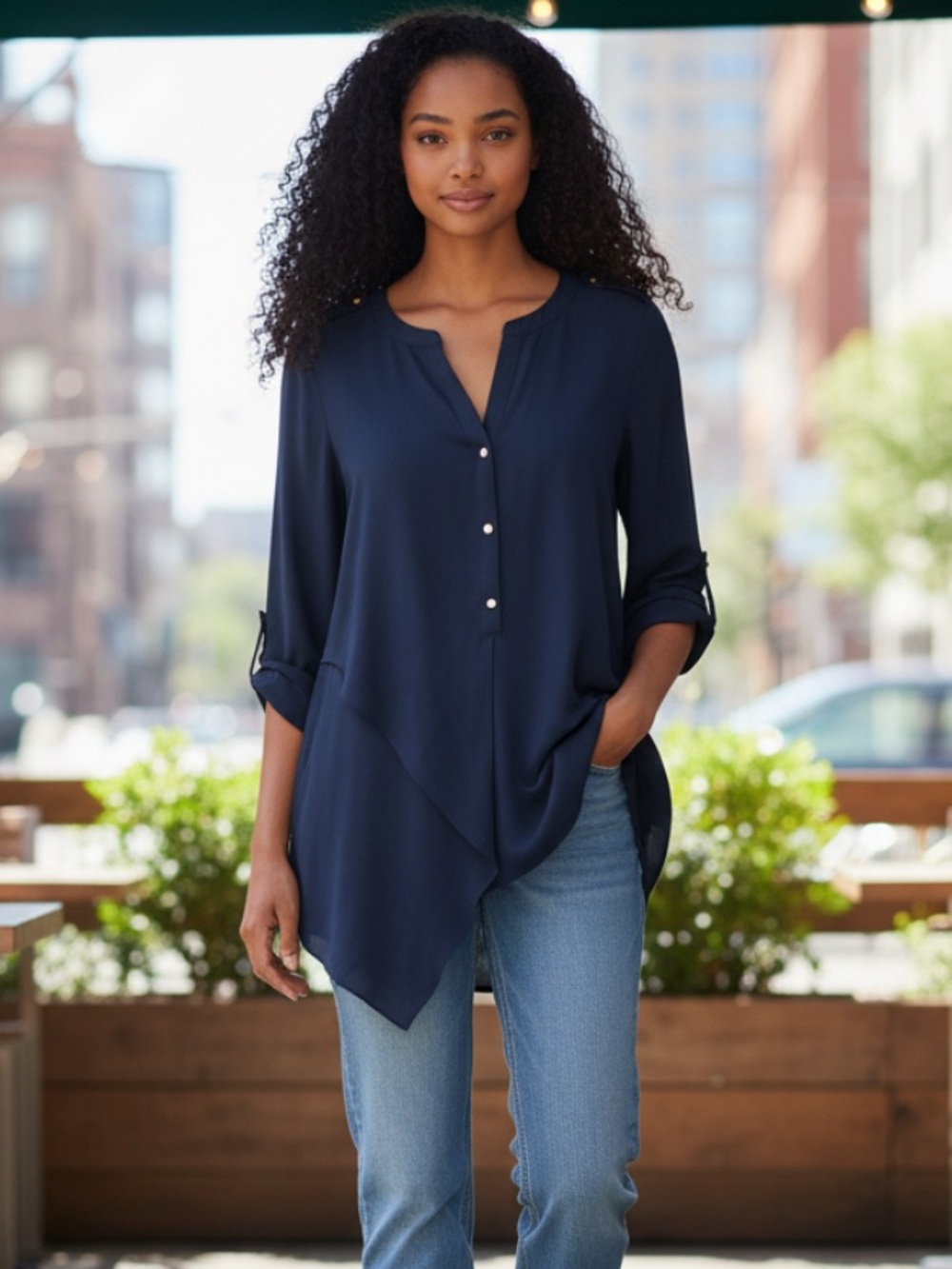 Chico's Navy Asymmetric Tunic with Gold Buttons